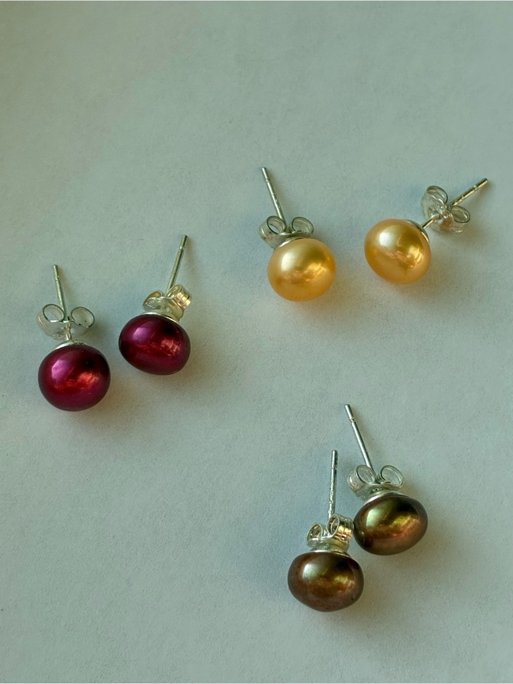 Freshwater Pearl Stud Earrings - Gold, Burgundy, Bronze (Set of 3) 925 silver
